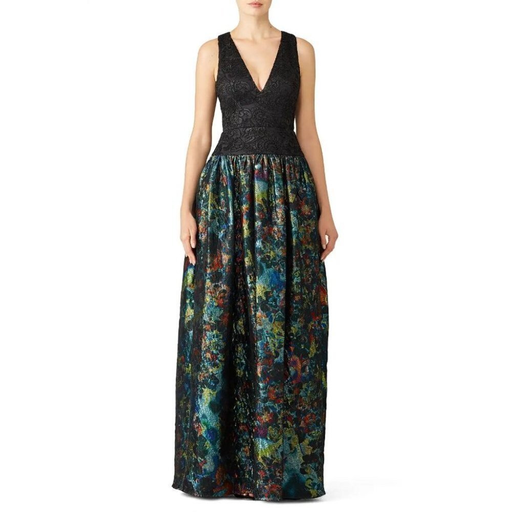 Monique Lhuillier Black Teal Metallic Formal Gown $795 - Picture 2 of 11